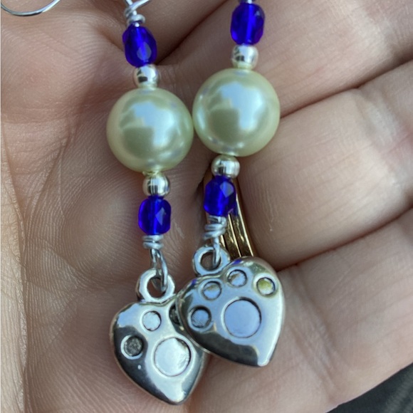Chic Silver and Blue Beaded Heart Earrings - Picture 1 of 8